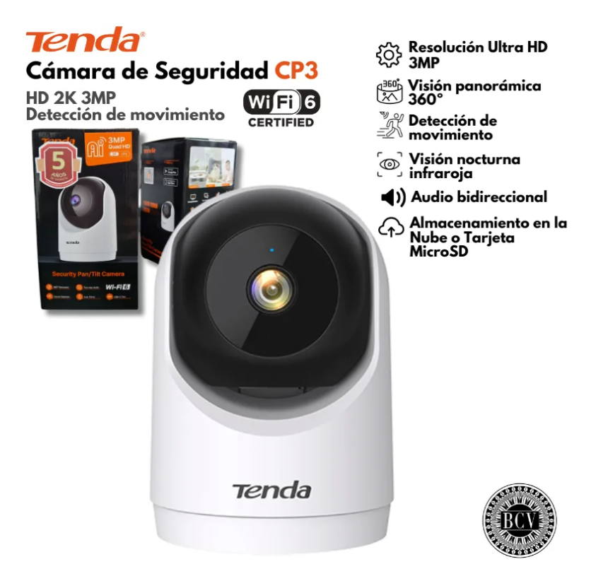 Cámara de Seguridad IP Tenda CP3 2K Wi-Fi 6 – Cobertura 360°, Visión Nocturna y Audio Bidireccional