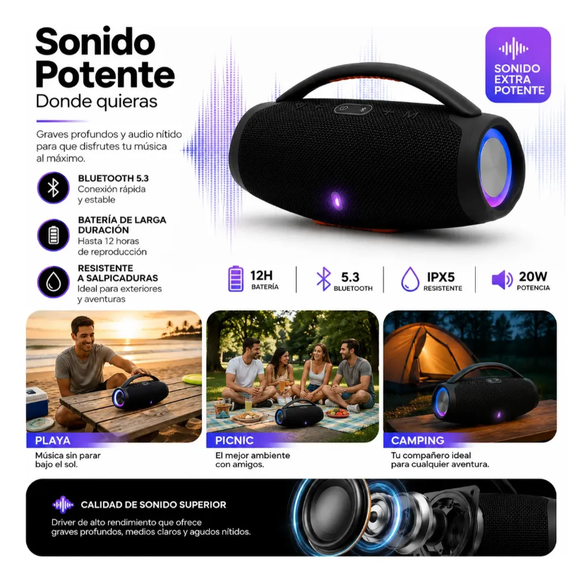 Corneta Portátil Inalámbrica Altavoz Bluetooth Recargable Negro